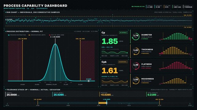 A detailed 4K dark-mode process capability dashboard showcasing monitoring variation, Cp, Cpk, and tolerances with vibrant visual elements and precise engineering graphics.
