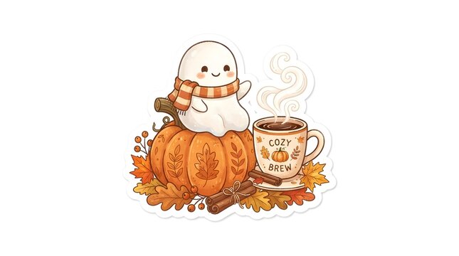 Cute cartoon ghost wearing a scarf sitting on a pumpkin with a steaming cup of coffee surrounded by autumn leaves and cinnamon sticks