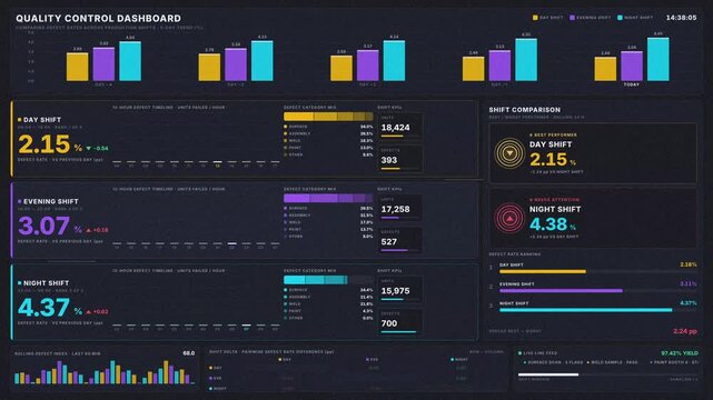 Analyze defect rates across production shifts using a dark-mode quality control dashboard featuring animated charts and KPI indicators in vibrant accent colors.