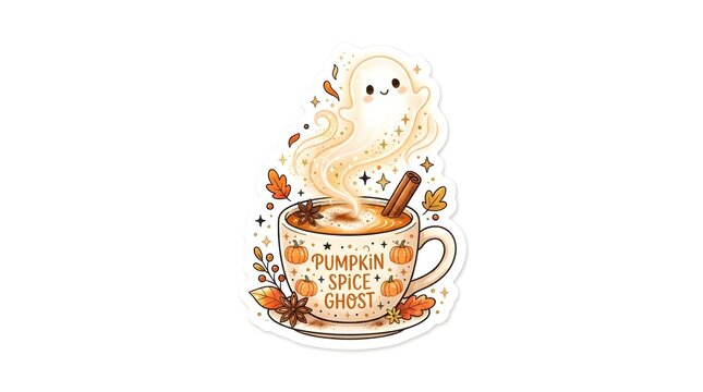 Cute cartoon ghost emerging from a hot cup of pumpkin spice coffee with autumn leaves and cinnamon stick in a cozy sticker design
