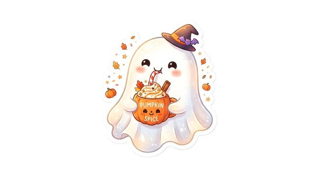 Cute cartoon ghost wearing a witch hat drinking pumpkin spice latte from a pumpkin mug surrounded by autumn leaves and sparkles