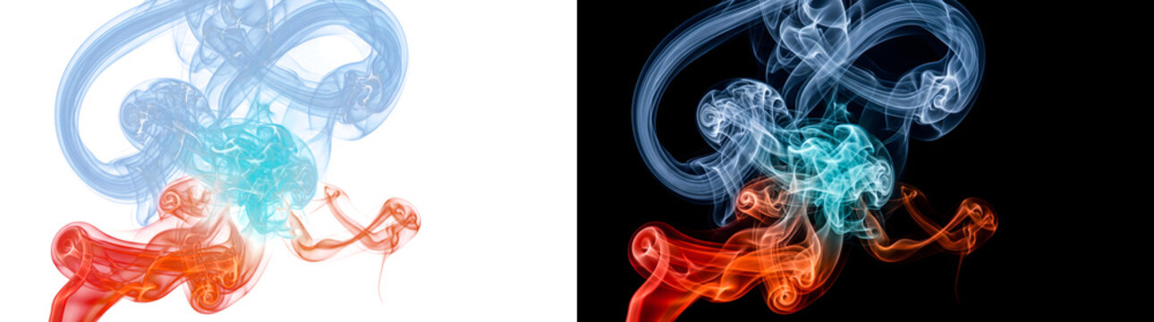 Colored smoke of blue teal orange wisps merging into a swirling cloud with PNG, Transparent and Black Background Versions