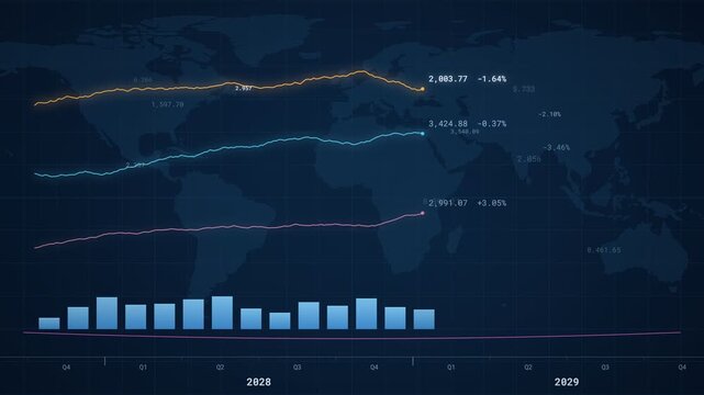 Animated global stock index chart with three rising lines, volume bars and world map on navy, market growth, investment and financial forecast display