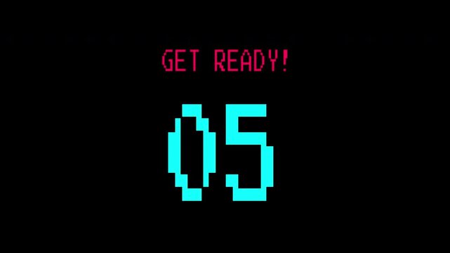 Get ready retro 8bit cyber cyan digital countdown timer from 10 to 0 animation alpha channel.