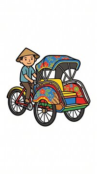 Traditional Indonesian Becak Three-Wheeled Pedicab Transportation Cultural Icon Illustration