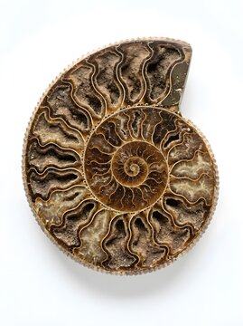 Ancient ammonite fossil specimen showing spiral pattern on white background