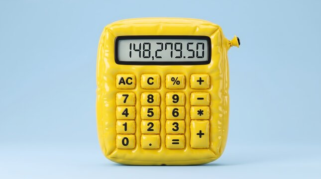 inflatable yellow calculator showing large number on blue background, savings growth and financial profit concept