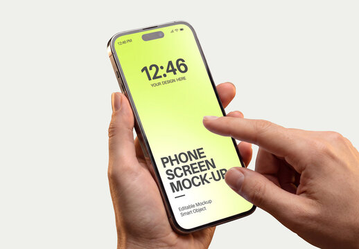 Phone Screen Mockup Held in Hand with Finger Touch Gesture