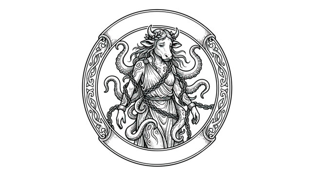 Mythological female bull creature with octopus tentacles line art vector illustration for fantasy gaming and brand emblem design