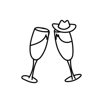Toasting champagne glasses with a tiny cowboy hat. Hand-drawn line art vector illustration. Isolated sketch icon for country western bachelorette party, Nashville hen night or ranch wedding