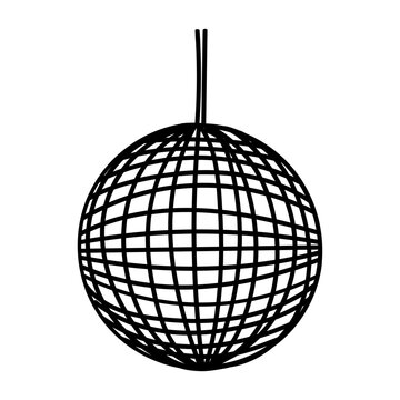 Classic hanging disco ball outline. Hand-drawn black line art vector illustration. Isolated sketch icon for retro 70s party, night club event, western bachelorette or festive wedding decor