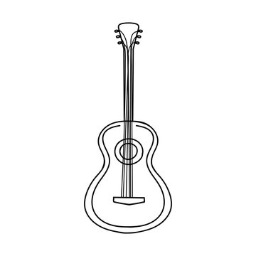 Acoustic guitar musical instrument outline. Hand-drawn black line art vector illustration. Isolated sketch icon for country western music theme, festival poster, Nashville party or coloring page.