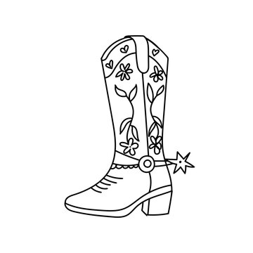 Cowboy boot with floral patterns and a spur, western style design. Useful for rodeo, country music, and ranch themes.
