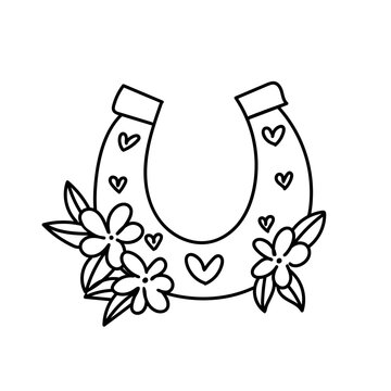 Lucky horseshoe with flowers and hearts outline. Hand-drawn black line art vector illustration. Isolated sketch icon for country western wedding, bridal bachelorette party, or coloring page