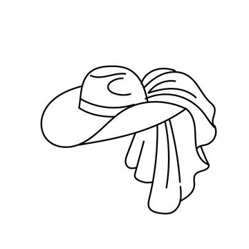 Bridal cowboy hat with wedding veil for bride. Hand-drawn black line art vector illustration. Isolated sketch icon for country western bachelorette party, hen night or rustic wedding decor