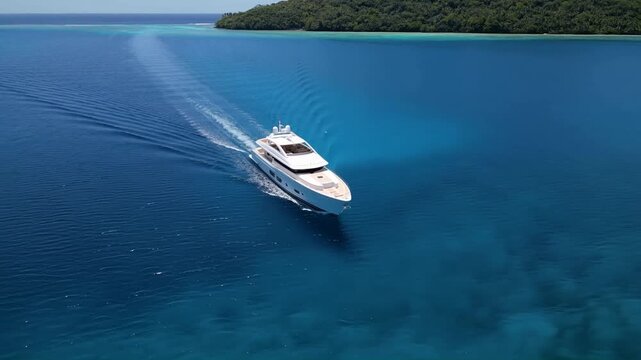 A Luxury Yacht Cruising Through Crystal Clear Waters Surrounded by Lush Green Islands, Showcasing the Serenity and Beauty of a Tropical Paradise