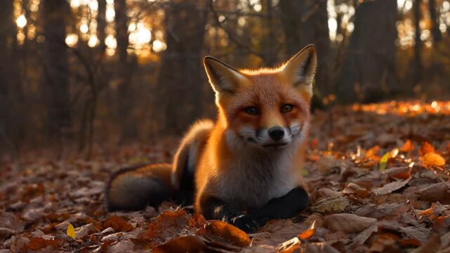 A Serene Evening Encounter with a Majestic Red Fox Relaxing Among Autumn Leaves in a Forest Setting, Capturing the Beauty of Nature's Wildlife