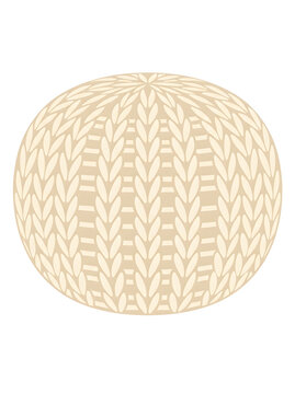Knitted pouf ottoman rendered in a neutral beige tone displays a detailed cable knit texture in a flat vector style.