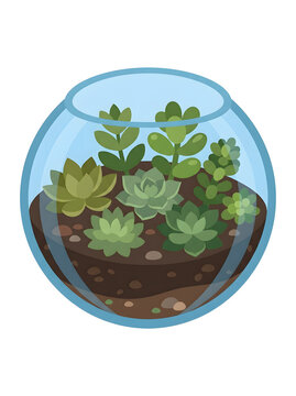 Terrarium bowl containing various green succulents and soil rendered in a modern vector design.