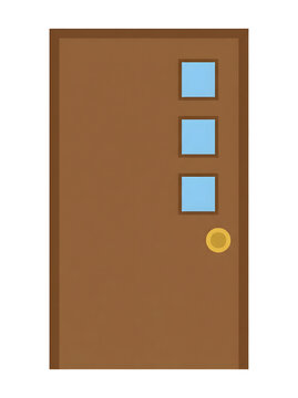 Wooden door icon features three small square window panes and a golden knob on a clean transparent background.