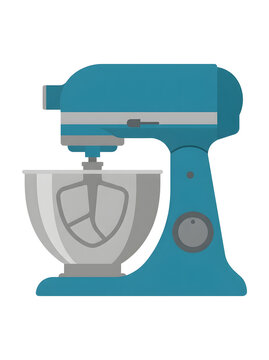 Kitchen stand mixer in blue with a stainless steel bowl rendered in a clean vector style.