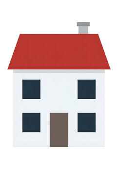 Suburban house shown in a flat vector design with a white facade, red roof, and central brown door.