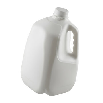 Empty white plastic gallon jug for liquid storage on transparent background