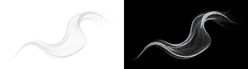 Dust wave of fine white particles flowing in a curving ribbon with PNG, Transparent and Black Background Versions © Nyxthrasza