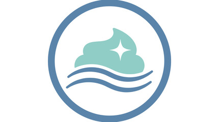 Fototapeta premium Circular hygiene icon with a teal foam dollop, white sparkle star, and blue water waves for cleaning services