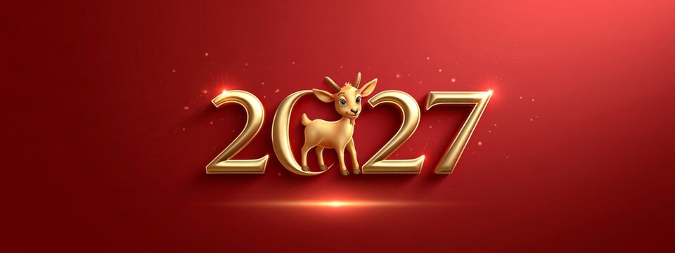 Golden "2027" glows against rich red background