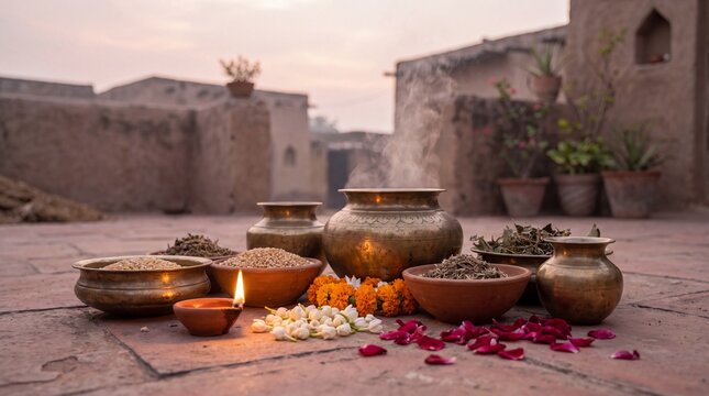 Herbal Abhyang Snan Preparations Steam in Rustic Courtyard