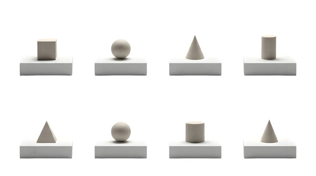Minimalist geometric 3D shapes on white podiums, collection of 8 basic mathematical forms, neutral gray architectural primitives for design