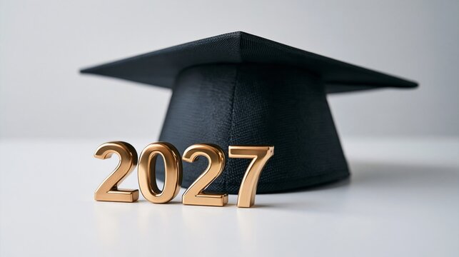 Black graduation cap sits on white surface