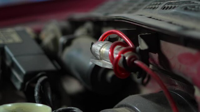 Close-up of a custom car audio fuse holder under hood.
