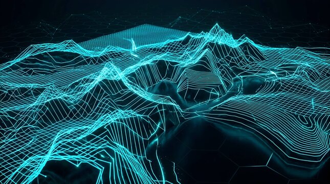 Abstract futuristic cyan digital landscape with glowing topographic lines representing a 3D terrain grid and high technology data visualization