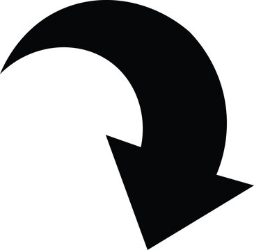 Black curved arrow icon pointing down, simple vector illustration of a circular rotation or reload symbol for user interface design and navigation elements isolated on transparent background