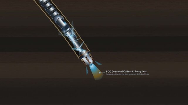 Animation demonstrating the process of horizontal directional drilling underground showing the drill bit navigating through sedimentary layers and steering above bedrock to create a curved bore profi