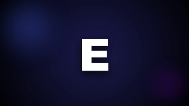 White 3d letter e rotating on a dark blue background