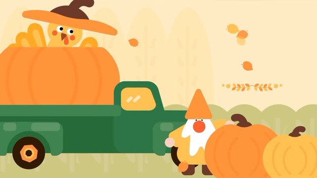 Gnomes and turkeys transport pumpkins in green trucks during autumn