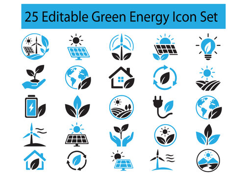 Comprehensive collection of twenty five editable green energy icons