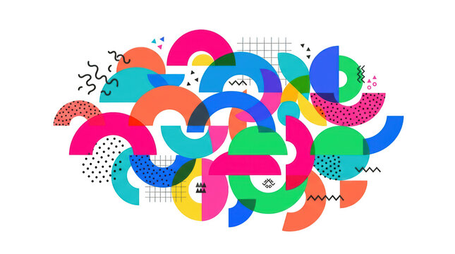 Abstract memphis style composition with colorful geometric shapes isolated on transparent background