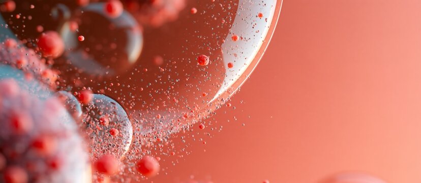 Soft red spheres float in glowing liquid