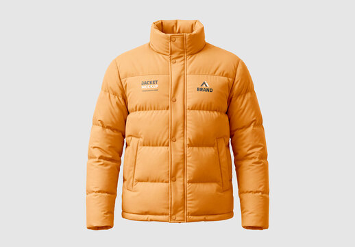 Orange Puffer Jacket Mockup with Brand Logo,Front View