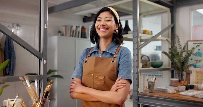 Pottery, face or woman in workshop with arms crossed, clay artist or pride in creative industry. Happy, ambition or artisan with confidence, craftsman career or about us as handmade ceramic designer.