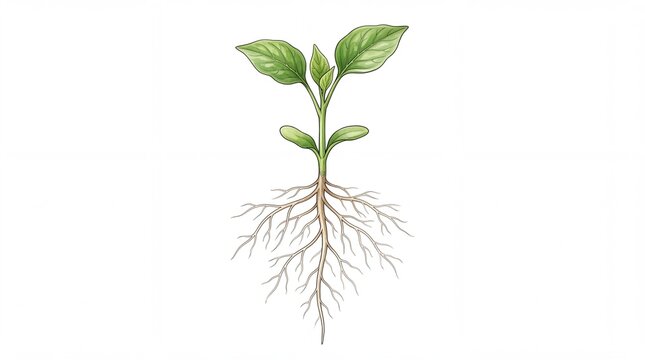 Green plant sprout featuring detailed organic roots drawn in a clean digital style on white background