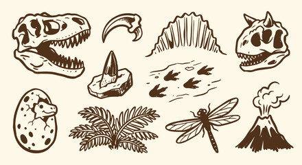 Obraz premium Cute Hand-Drawn Apex Predator Carnivorous Dinosaurs Fossil Set 10 Objects Marker Doodle Set