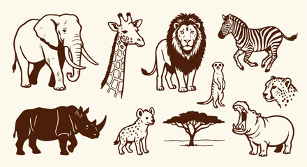 Fototapeta premium Cute Hand-Drawn African Savannah Wildlife Safari Animals Set 10 Objects Marker Doodle Set