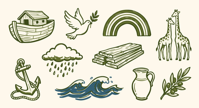 Cute Hand-Drawn Noah's Ark and The Great Flood Story Elements Set 10 Objects Marker Doodle Set