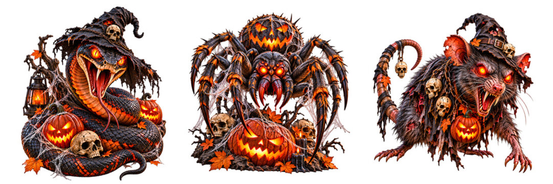 Halloween Snake, Spider and Rat Monster Characters Isolated on Transparent Background