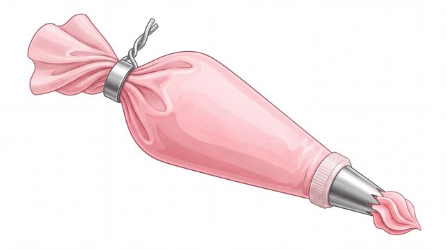 Pink icing piping bag filled with sweet frosting cream depicted in a digital style on white background
